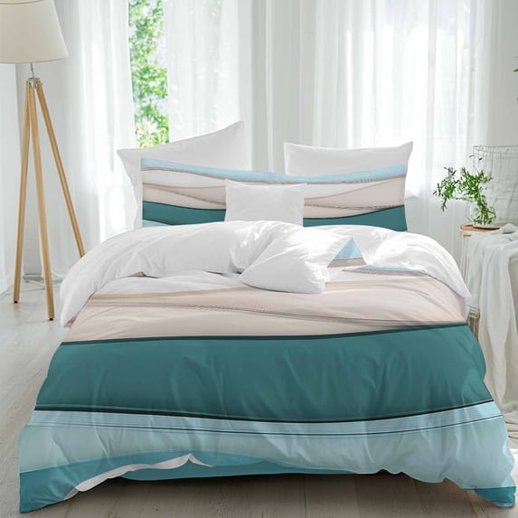 Teal Beige Duvet Cover Set King Size, Gradient Waves Abstract Ombre Stripes Modern 4 Piece Soft Microfiber Bedding Set with 1 Duvet Cover, 1 Flat Sheet, 2 Pillowcases