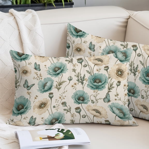 Teal Beige Floral King Size Pillow Cover, Pillowcase Protectors with Zipper, Breathable Decorative Throw Pillow Case Cover, Vintage Spring Butterflies Summer Pillow Shams for Couch Sofa 20x36Inch