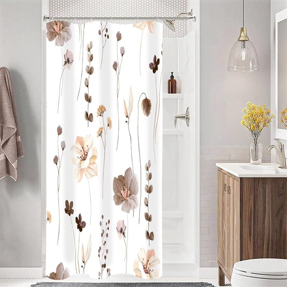 Watercolor Floral Shower Curtain, Purple-yellow Floral Shower Curtain Bathroom, Modern Minimalist Waterproof Fabric Shower Curtain Set with Hooks 72x72in