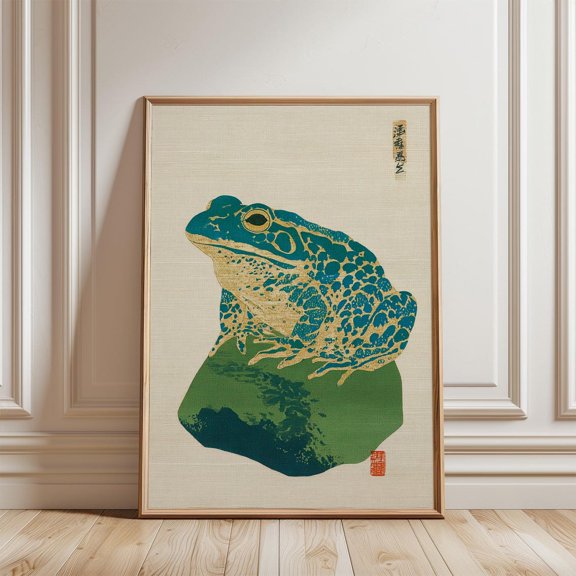 Teal Beige Frog Poster, Unframed Paper Poster 8x10in