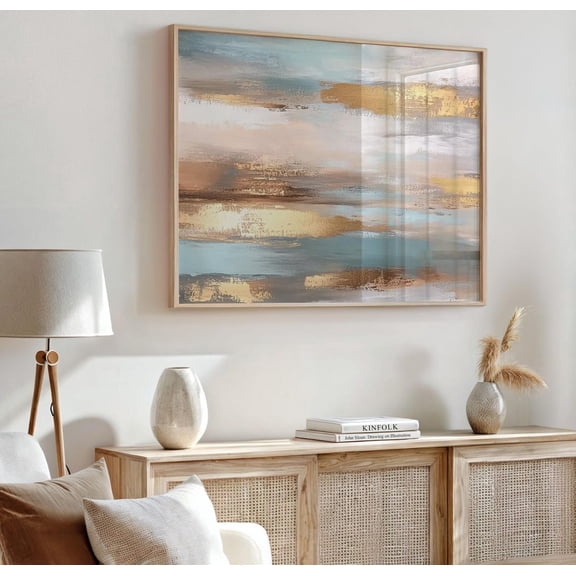 Teal Beige Gold Abstract Wall Art Horizontal Neutral Statement Decor, Stretched Canvas 8x10in