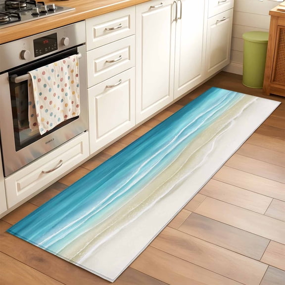 Teal Beige Gradient Beach Runner Rugs 2x6 ft Abstracts Seaside Ocean Wave Coastal Washable Hallway Rugs Non-Slip Floor Mats Absorbent Carpet Bedside Runners for Bedroom Kitchen Bathroom Laundry Room