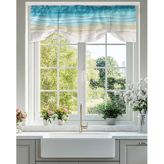 Teal Beige Gradient Beach Tie Up Valances Curtain, Adjustable Kitchen Abstracts Seaside Ocean Wave Coastal Valances for Windows Decor, Rod Pocket Short Curtains Set for Bedroom/Bathroom, 60"x18"