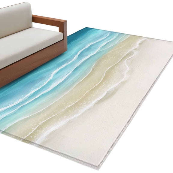 Teal Beige Gradient Beach Washable Area Rug 4 x 6 ft Abstracts Seaside Ocean Wave Coastal, Soft Non Slip Rugs Stain Repellent Indoor Felt Carpet for Living Dining Room Bedroom Home Office