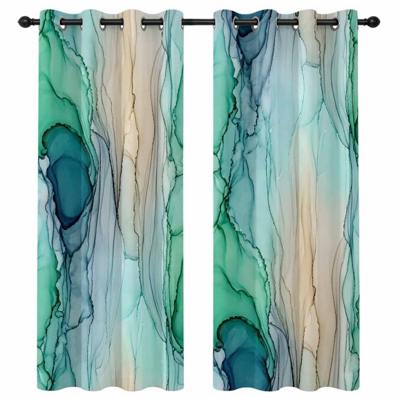 Teal Beige Ink Marble Blackout Curtains 96 Inches Long, Nautical Water Ripples Abstract Thermal Insulated Room Darkening Drapes with Grommets for Living Room 52"W x 96"L, 2 Panels