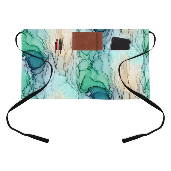 Teal Beige Ink Marble Kitchen Restaurant Half Waist Apron, Nautical Water Ripples Abstract Server Short Apron with 3 Pockets Waterproof Oil Waist Aprons for Women Waitress Waiter
