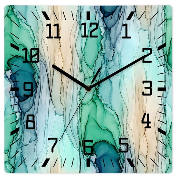 Teal Beige Ink Marble Wall Clock Nautical Water Ripples Abstract 12 Inch Wooden Wall Clock Silent Non Ticking Wall Clocks Quartz Battery Operated Square Clock for Living Room Bedroom Home Office