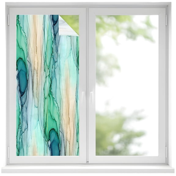 Teal Beige Ink Marble Window Privacy Film, Nautical Water Ripples Abstract Frosted Glass Window Clings Static Cling UV Heat Blocking Reusable Door Sticker for Bathroom 19.6 x 39.3 Inch