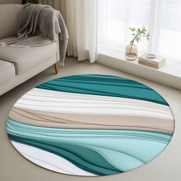 Teal Beige Moire Round Rug 3ft Washable Circle Entryway Rugs Non Slip Turquoise Ombre Geometric Area Rug Indoor Floor Carpet for Bedroom Kitchen Living Room Home Office Dining Room Nursery