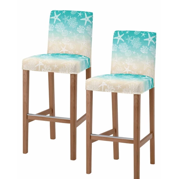 Teal Beige Ombre Coastal Bar Stool Covers Set of 2, Nautical Beach Starfish Coral Summer Stretch Bar Chair Covers with Backs, Removable Pub Counter Height Chair Cover for Kitchen Dining Room Cafe