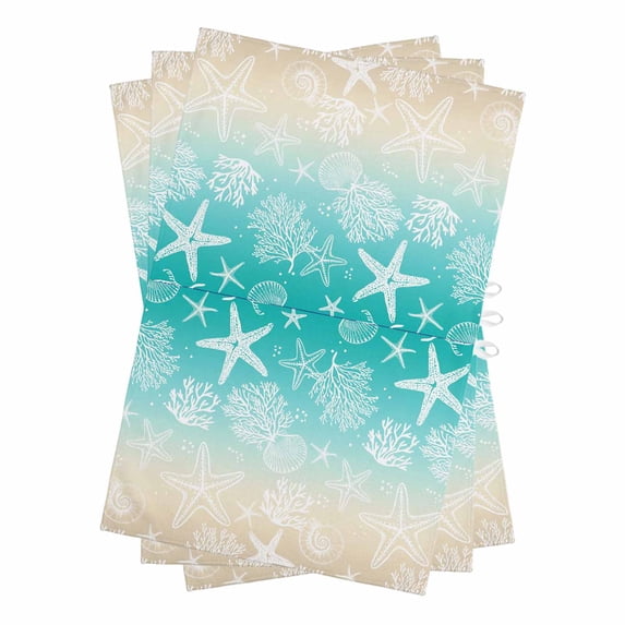 Teal Beige Ombre Coastal Kitchen Towels Set of 3, Water Absorbent Dish Towel, Nautical Beach Starfish Coral Summer Decorative Hand Towels - Quick Drying Cloth for Cooking Baking, 18x28 Inch