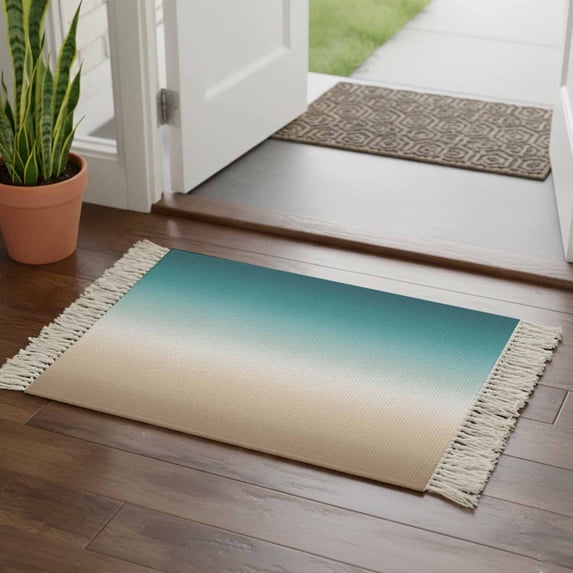 Teal Beige Ombre Cream Bathroom Rug 2'x3',Modern Turquoise Abstract Art Aesthetics Low Profile Front Entryway Rug with Tassels,Woven Cotton Washable Kitchen Mat Carpet for Foyer Bedroom Back Door