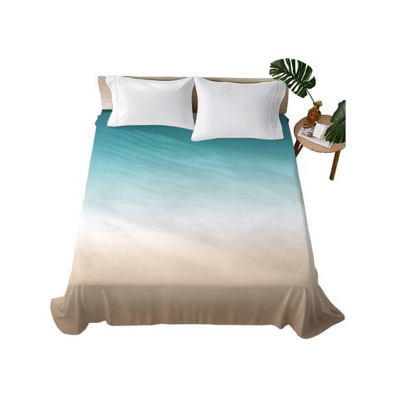 Teal Beige Ombre Cream Flat Sheet Only Twin Size, Soft Breathable Bed Top Sheets for Mattress, Modern Turquoise Abstract Art Aesthetics Bedding Flat Sheets for Home Hotel Bedroom Bed Protection