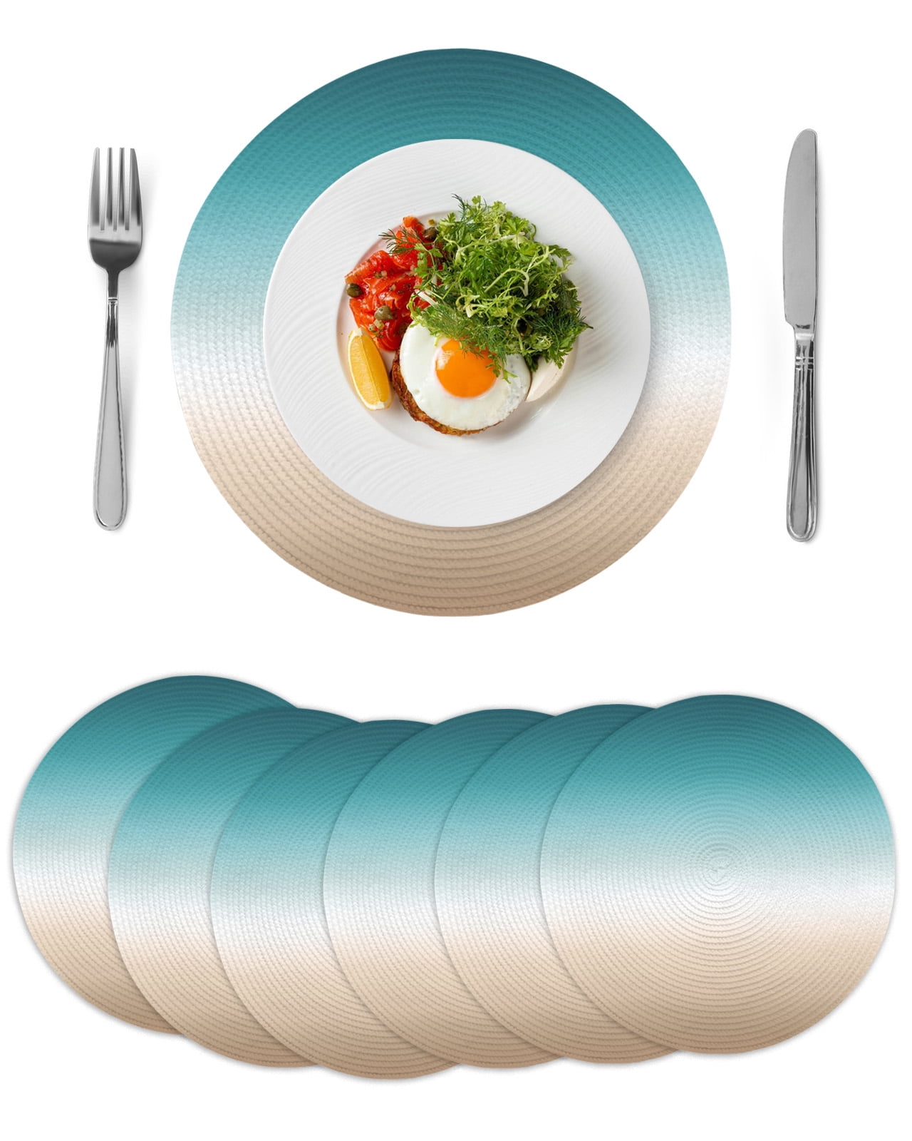 Teal Beige Ombre Cream Round 13 Inch Placemats Set of 6, Modern Turquoise Abstract Art Aesthetics HeatResistant Non Slip Place Mats for Dining Table, Wipeable Kitchen Table Mats for Housewarming
