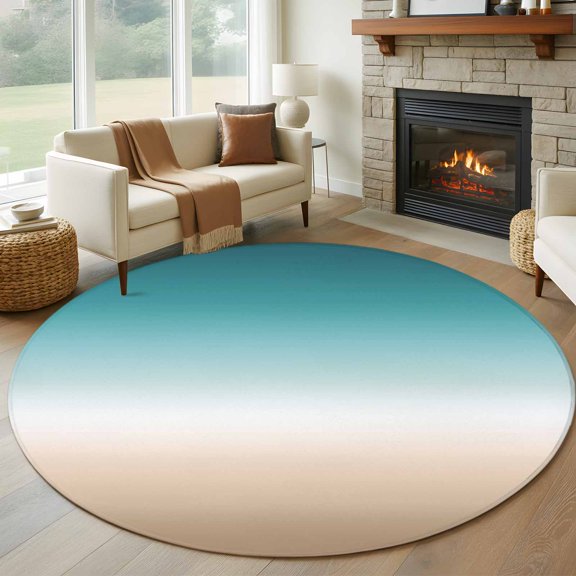 Teal Beige Ombre Cream Round Area Rug 6 FT, Non Slip Bedroom Area Rug, Modern Turquoise Abstract Art Aesthetics Washable Soft Circular Carpet Floor Mat for Kitchen Dining Room Home Office Kids Room