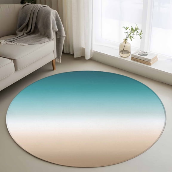 Teal Beige Ombre Cream Round Rug 3Ft, Non Slip Circle Area Rug for Bedroom, Modern Turquoise Abstract Art Aesthetics Low Pile Indoor Floor Carpet Door Mat for Bathroom Kitchen Entryway Nursery