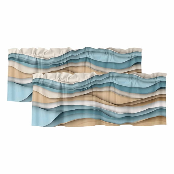 Teal Beige Ombre Curtain Valances for Windows, Kitchen Valance Window Treatments Panel 2 Pack, Abstract Geometric Modern Moire Rod Pocket Short Curtains for Bathroom Bedroom 42 x 18 Inch
