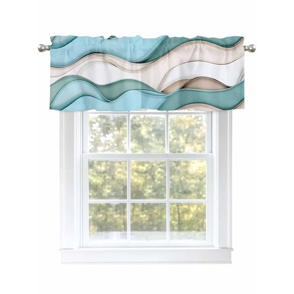 Teal Beige Ombre Curtain Valances for Windows, Modern Abstract Art Moire Kitchen Valance Window Treatment, Light Filtering Block Curtains for Bathroom/Bedroom/Living Room 54'' x 18''