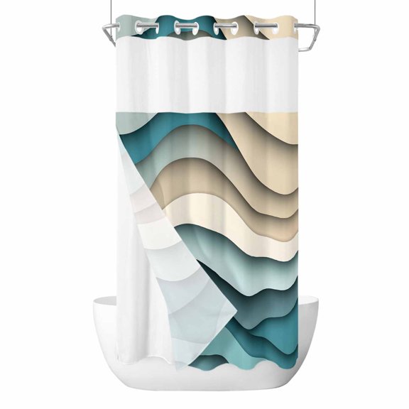 Teal Beige Ombre No Hook Shower Curtain Waterproof, Bathroom Curtains with Snap in Liners and See Through Top Window, Moire Modern Abstract Art Geometric Hotel Style Bathtub Curtains Shower 36"Wx78"L