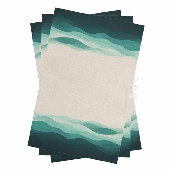 Teal Beige Ombre Kitchen Towels Set of 3, Water Absorbent Dish Towel, Minimalist Ocean Waves Linen Decorative Hand Towels - Quick Drying Cloth for Cooking Baking, 18x28 Inch