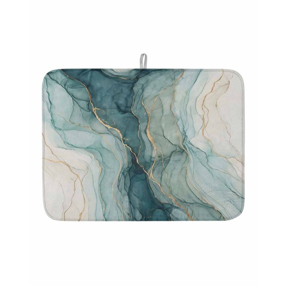 Teal Beige Ombre Marble Texture Dish Drying Mats for Kitchen Counter,Absorbent Microfiber Dish Drainer Rack Mat Abstract Stone Gold Stripes Drying Pad for Sinks,Utensils,Countertops,18x24in