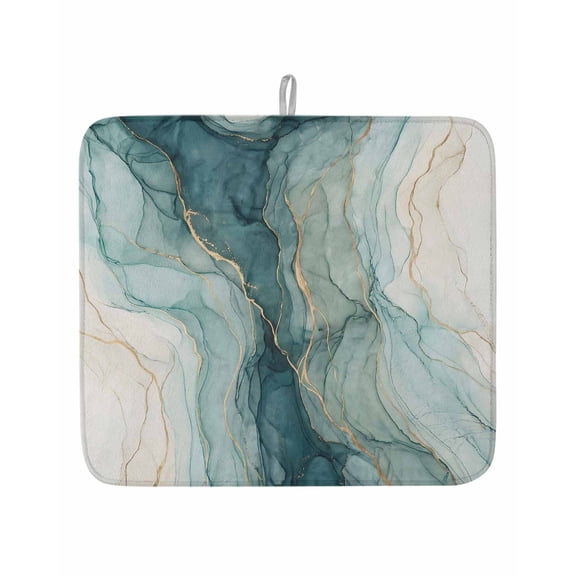 Teal Beige Ombre Marble Texture Dish Drying Mats for Kitchen Counter,Absorbent Microfiber Dish Drainer Rack Mat Abstract Stone Gold Stripes Drying Pad for Sinks,Utensils,Countertops,16x18in