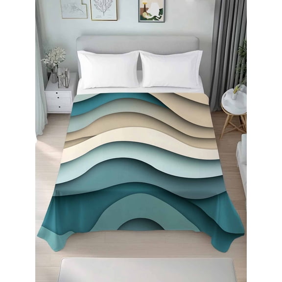 Teal Beige Ombre Queen Size Flat Sheet, Wrinkleproof & Fadeproof Cooling Flat Bed Sheet Only, Moire Modern Abstract Art Geometric Breathable Soft Bedding Top Sheets 90 x 102 Inches