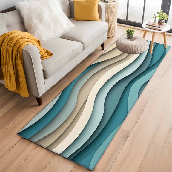 Teal Beige Ombre Runner Rug 2x6 FT,Non Slip Hallway Rugs,Moire Modern Abstract Art Geometric Washable Soft Floor Carpet Throw Runner Carpet Long Rugs for Entryway Kitchen Bedside Sliding Door