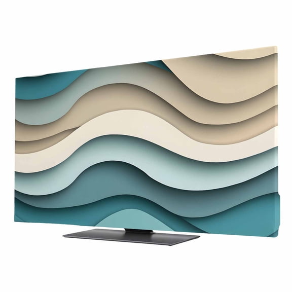 Teal Beige Ombre TV Cover for 85 Inch Screen,Stretch Fabric Dustproof TV Display Protector,Moire Modern Abstract Art Geometric Elastic Slipcover Monitor Cover for Indoor Desktop Computer 74.1"x41.7"