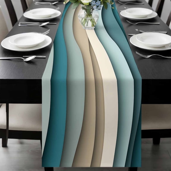 Teal Beige Ombre Table Runner 36 Inches Long, Moire Modern Abstract Art Geometric Kitchen Coffee Dining Table Decoration for Home Party Birthday Wedding Home Decor 13x36 Inches
