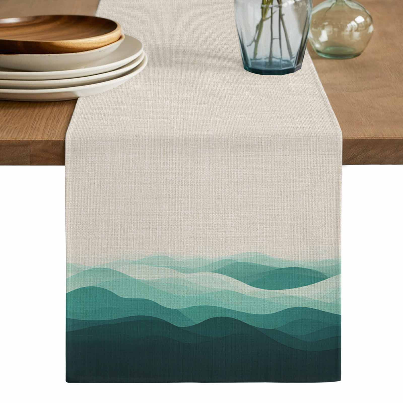 Teal Beige Ombre Table Runner, Minimalist Ocean Waves Linen Washable ...