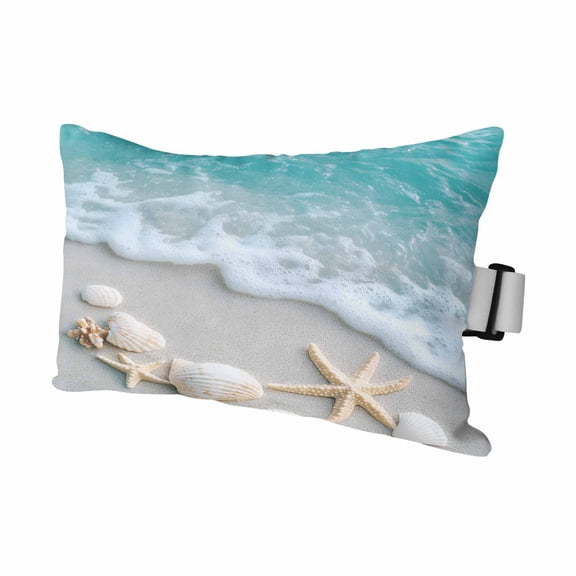 Teal Beige Outdoor Chaise Lounge Pillows Beach Starfish Seashell Sand Sea Waves Scenery Lumbar Pillows with Insert Adjustable Elastic Strap Headrest Pillow for Recliner Patio Chair 1 Pack 12x20 Inch