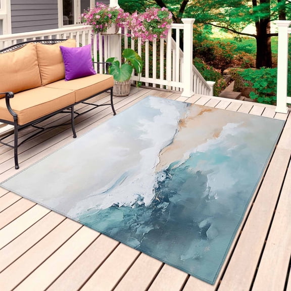 Teal Beige Outdoor Rug for Patio/Deck/Porch, Non-Slip Large Area Rug 3 x 5 Ft, Modern Oil Painting Art Coastal Indoor Outdoor Rugs Washable Area Rugs, Reversible Camping Rug Carpet Runner