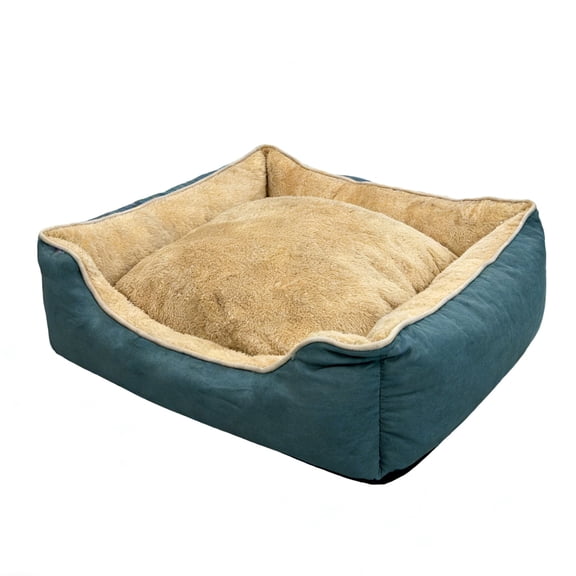 Teal & Beige Plush Bolster Dog Bed for Medium to Large Dogs, Indoor Pet Bed with Removable Machine Washable Cover