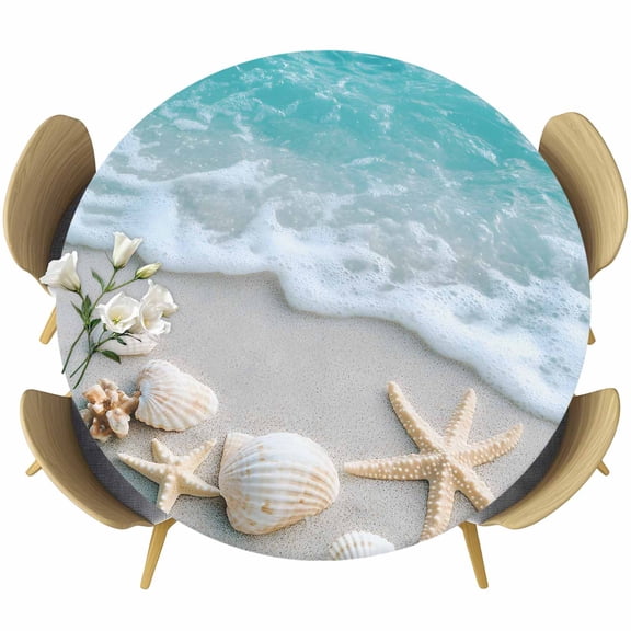 Teal Beige Round Fitted Tablecloth with Elastic Edge, Beach Starfish Seashell Sand Sea Waves Scenery Stretch Table Covers for 55"-60" Tables Wipeable Table Cloth for Outdoor