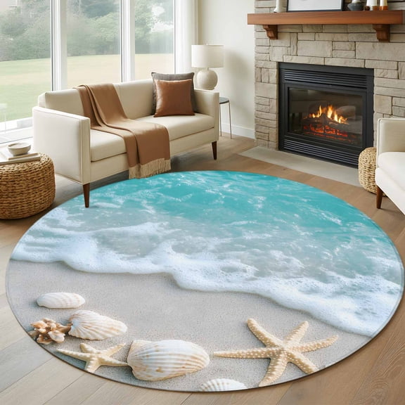 Teal Beige Round Rugs for Living Room 6ft Beach Starfish Seashell Sand Sea Waves Scenery Non Slip Circle Rug Washable Low-Profile Indoor Carpet for Bedroom, Dining Room, Bathroom