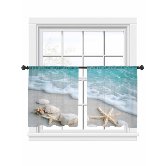 Teal Beige Sheer Curtains 45 Inch Long 2 Panels, Beach Starfish Seashell Sand Sea Waves Scenery Light Filtering Rod Pocket Curtains, Sheer Voile Drapes for Living Room Bedroom, 52"x45"