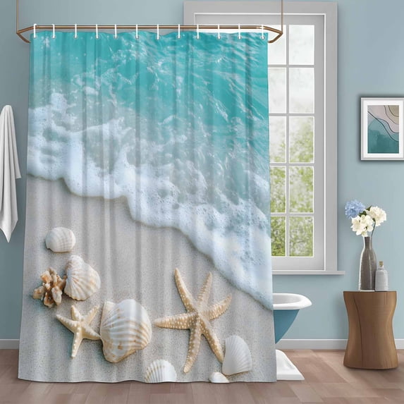 Teal Beige Shower Curtains for Bathroom, Beach Starfish Seashell Sand Sea Waves Scenery Washable Fabric Shower Curtain with Hooks Waterproof Bathroom Decor Sets, 36 x 72 Inches