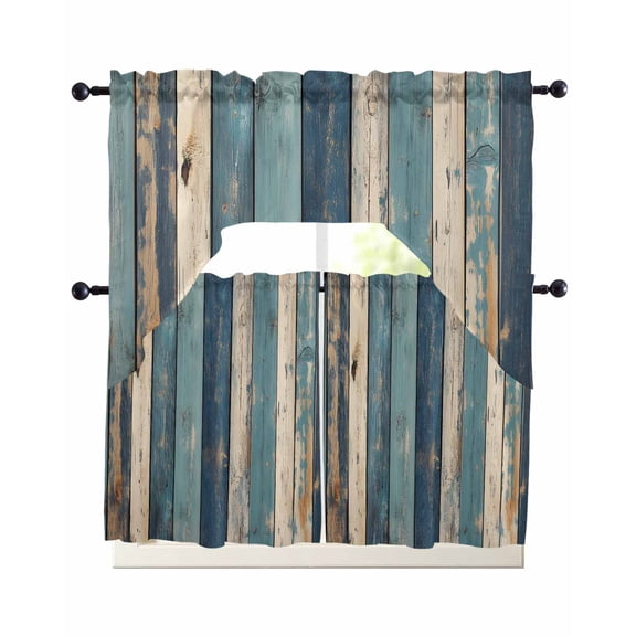 Teal Beige Stripe Kitchen Curtains Sets 24 Inch Length with Valance, Farmhouse Vintage Wooden Grain Swag Valances and Tiers Curtain Set Drapes Swag Curtains for Living Room, Bathroom, Bedroom, Cafe