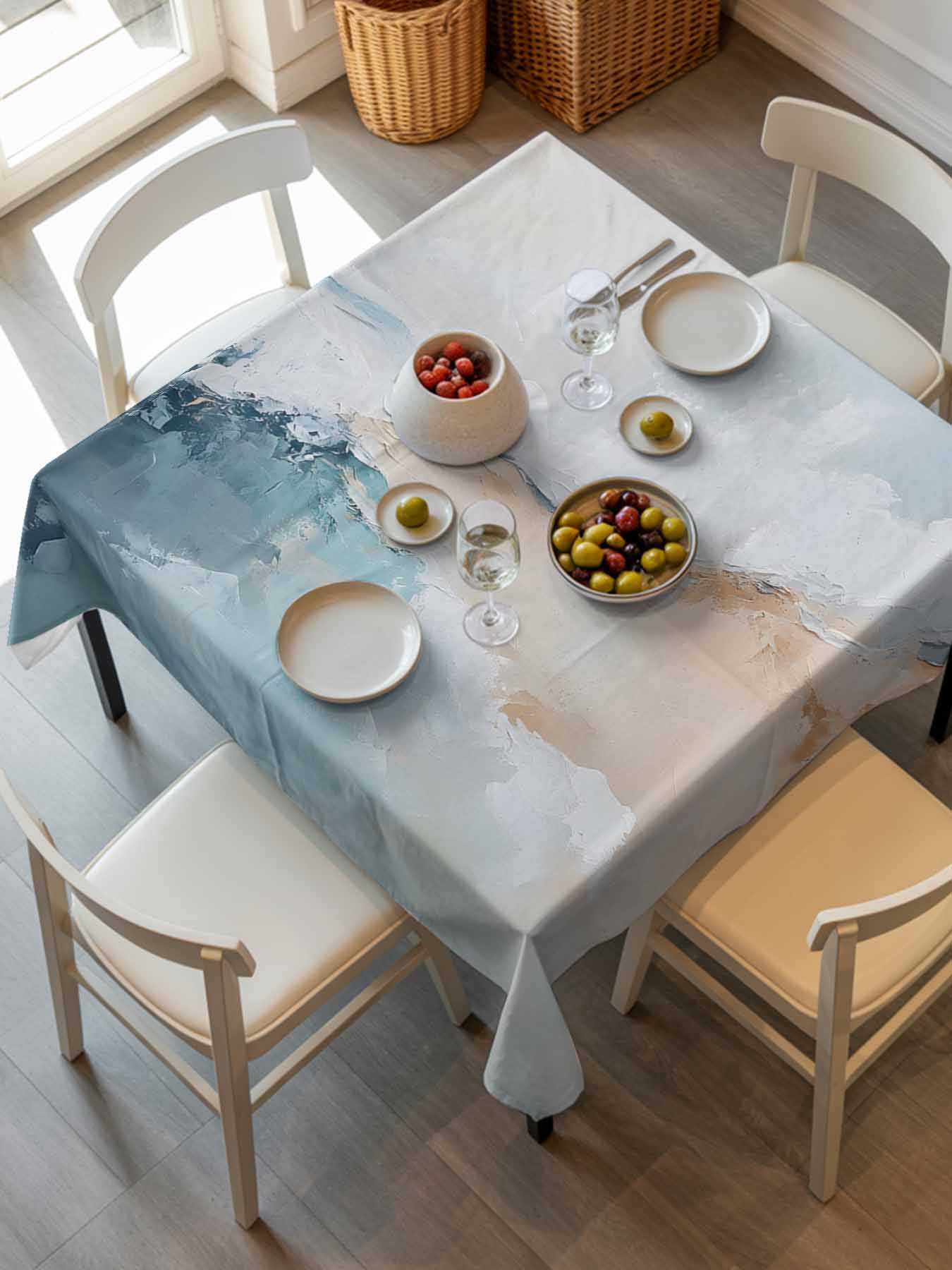 Teal Beige Tablecloth Square Table Cloth 60x60, Waterproof Outdoor ...