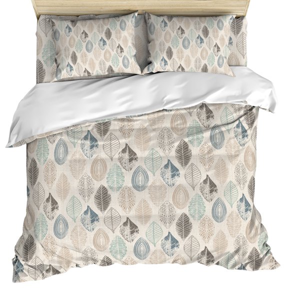 Teal Beige Tropical Leaves Duvet Cover Set, Farmhouse Burlap Aesthetics Soft Duvet Cover Twin Size Bedding Set 4 Pieces, 1 Quiltcover and 2 Pillowcases with Zipper, 1 Bed Sheet for All Seasons