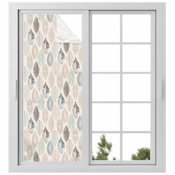 Teal Beige Tropical Leaves Privacy Window Film, Decorative Frosted Glass Window Film, Farmhouse Burlap Aesthetics Reusable Peel and Stick Static Cling for Home Bathroom Office Glass Door 23.6"x59"
