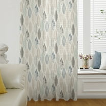 Teal Beige Tropical Leaves Semi Sheer Curtains Drapes for Living Room, Bedroom, French Doors Window 63 Inches Long, Farmhouse Burlap Aesthetics Rod Pocket Chiffon Curtain Drapery Voile Drape Panel