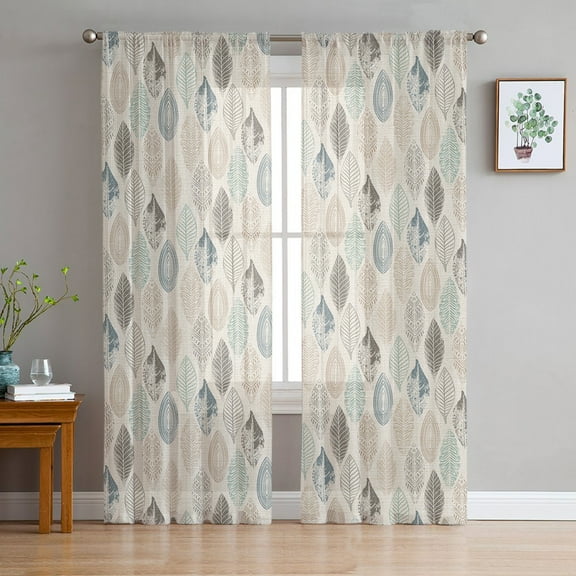Teal Beige Tropical Leaves Sheer Curtains 63 Inches Length 2 Panels Set, Window Sheer Curtains for Living Room/Bedroom, Farmhouse Burlap Aesthetics Light Filtering Rod Pocket Curtain 52'' x 63'' x 2