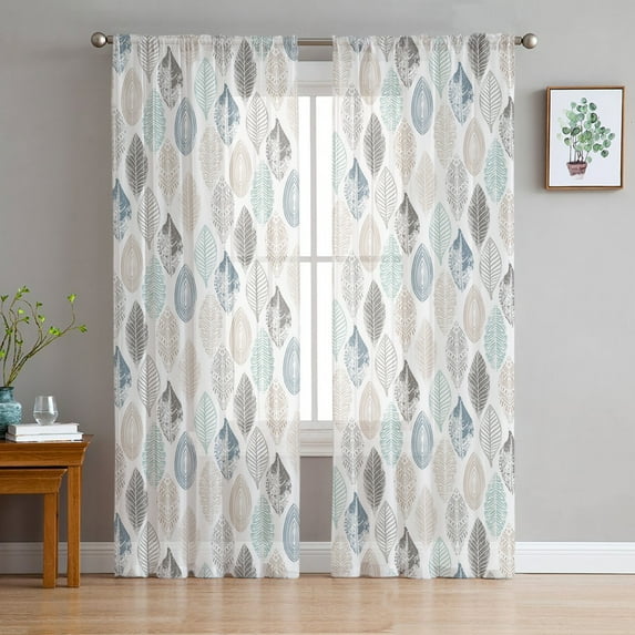 Teal Beige Tropical Leaves Sheer Curtains 84 Inches Long 2 Panels Set, Window Sheer Curtains for Living Room/Bedroom, Modern Abstract Art Aesthetics Light Filtering Rod Pocket Curtain 52'' x 84'' x 2