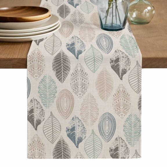 Teal Beige Tropical Leaves Table Runner, Farmhouse Burlap Aesthetics Washable Cotton Linen Table Runners 36 Inches Long, Dresser Scarf Runner for Nightstand/End Tables/Round Tables 13''x36''