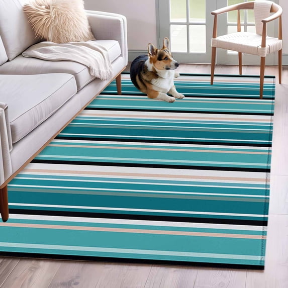 Teal Beige Washable Area Rugs 2.7'x5', Stripe Abstract Geometric Modern Art Low Pile Throw Living Room Rug Non-Slip Sturdy Edge Binding Carpet for Indoor Entryway Bedside Kitchen