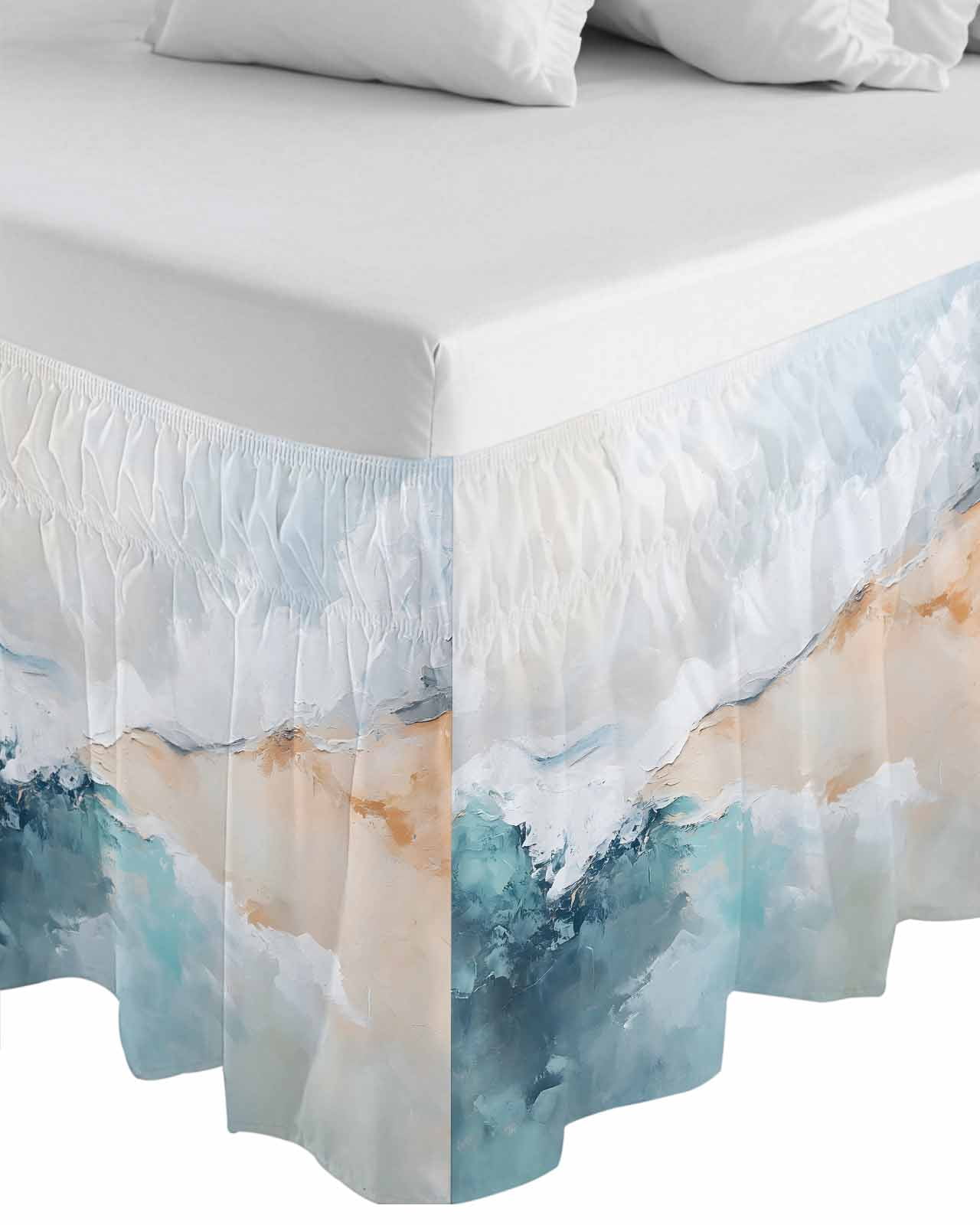 Teal Beige Wrap Around Bed Skirts for Queen Bed 16" Drop, Bed Skirt with Adjustable Elastic Belt Dust Ruffle Bed Valance for Bedroom Hotel Luxury Modern Oil Painting Art Coastal Bed Frame Cover