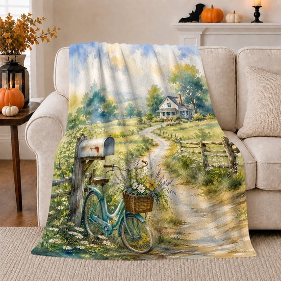 Teal Bicycle with Flower Basket, Serene Watercolor Style for Nature Lovers, Cozy Farmhouse Path Scene, Flannel Blanket for Living Room and Bedroom, Housewarming Gift and Country Home Decor