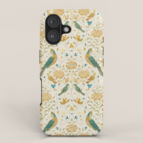 Teal Birds and Golden Floral Vines Tough Case for Apple iPhone, Polycarbonate Shell with TPU Liner